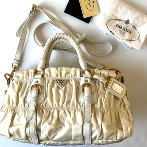 Prada Ivory Gathered Nappa Gaufre Leather Shoulder Bag